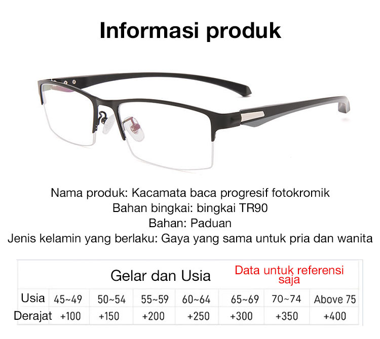 Kacamata baca progresif fotokromik-Garansi satu tahun-Perubahan warna cerdas penginderaan cahaya, dapat digunakan dari dekat dan jauh, melindungi mata Anda